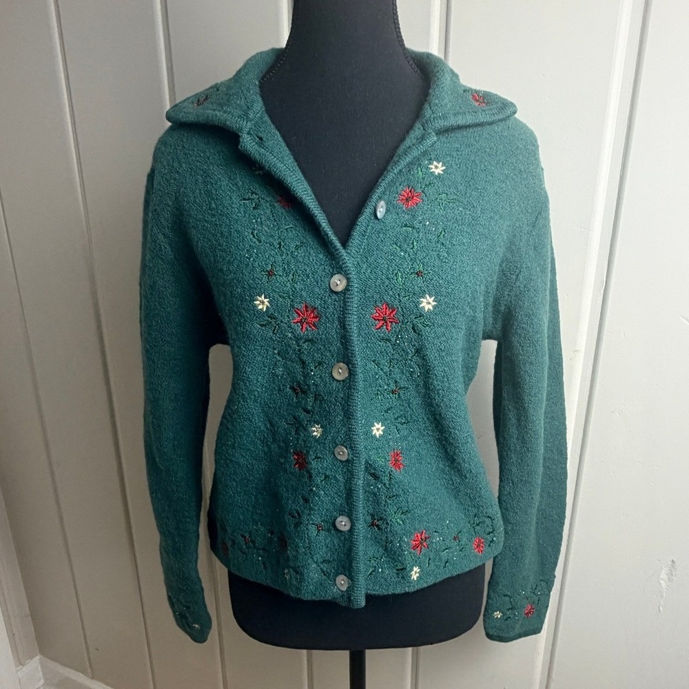 Karen Scott Sport Green 100% Wool Embroidered Beaded Cardigan Sweater Womens M